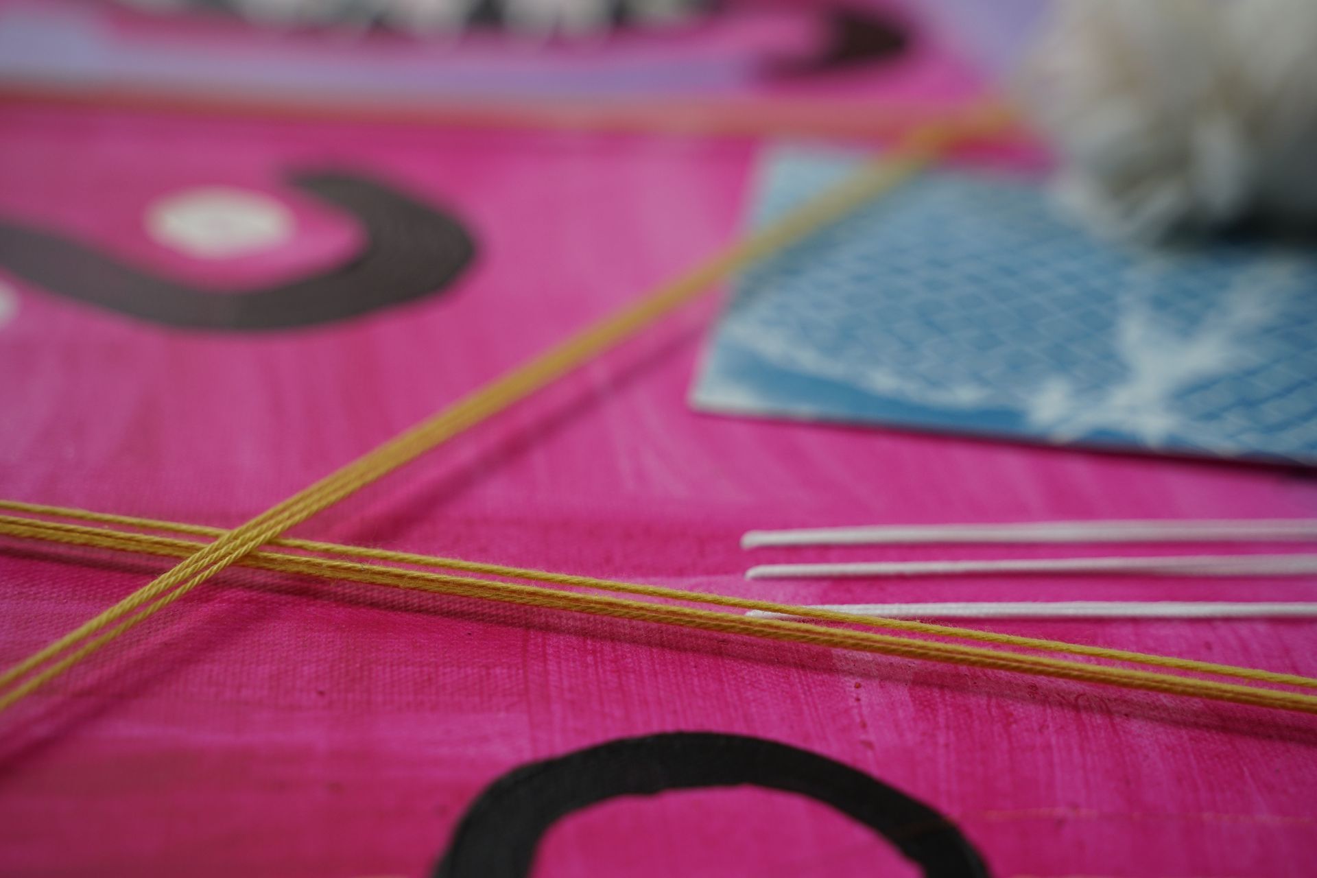 Das Bild zeigt eine Nahaufnahme auf Utensilien, die für die Kunst der Ausstellung verwendet wurden: gelbe Fäden, eine pink bemalte Leinwand, eine Kordel und drei weiße, schmale Gegenstände, wie Stricknadeln.