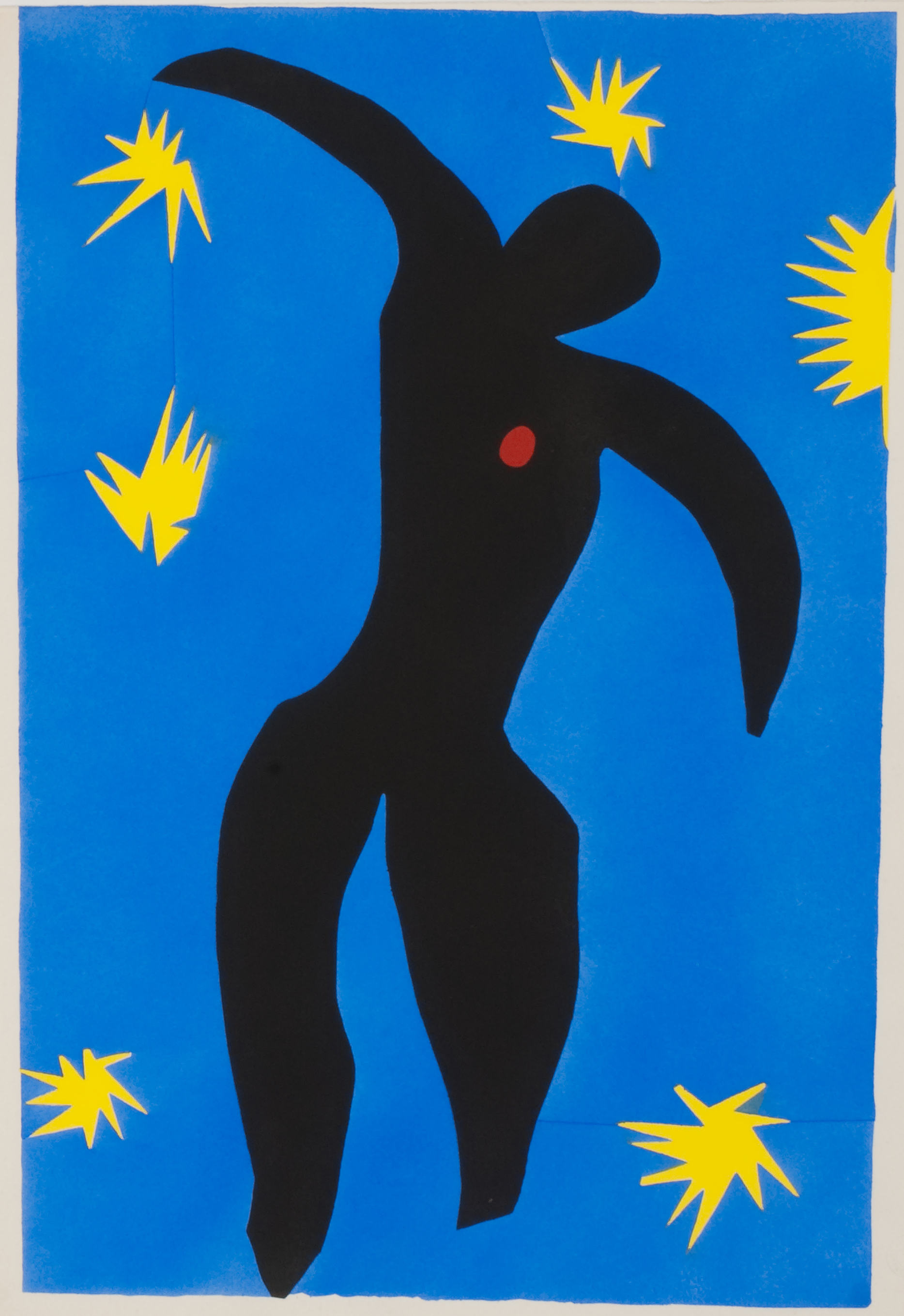 Das Bild zeigt ein Werk der Bildenden Kunst. Auf intensiv-blauem Hintergrund ist ein menschlicher Umriss in schwarz zu sehen, in der Brust ein roter Punkt, wie das Herz. Um ihn herum sind 6 gelbe Sterne verteilt.