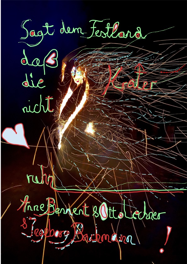 Das Poster bearbeitet grafisch ein Foto einer brennenden Fackel. Handschriftlich ist der Titel der Lesung aufgemalt, während die Flammen der Fackel zeichnerisch zu einem Funkenregen verlängert wurden. Es erinnert an Feuerwerk.